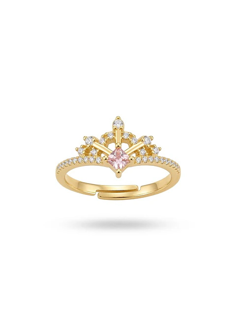 Anillo Corona Dorado con Circonia Rosa