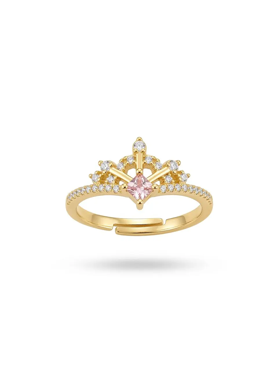 Anillo Corona Dorado con Circonia Rosa 1