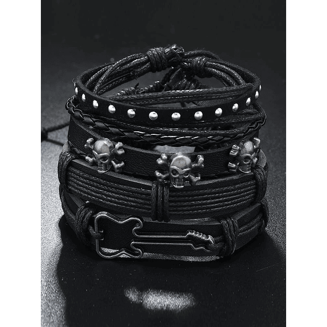 Pulsera cuero calaveras guitarra