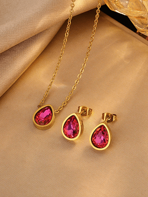 CONJUNTO PUNTO DE LUZ COLLAR Y AROS FUCSHIA