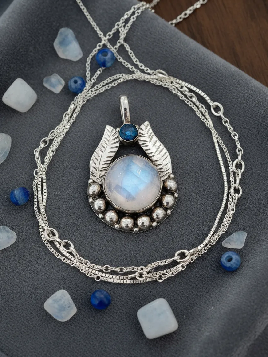 COLGANTE PIEDRA LUNA ARCOIRIS Y APATITA AZUL NEON PLATA 925 3