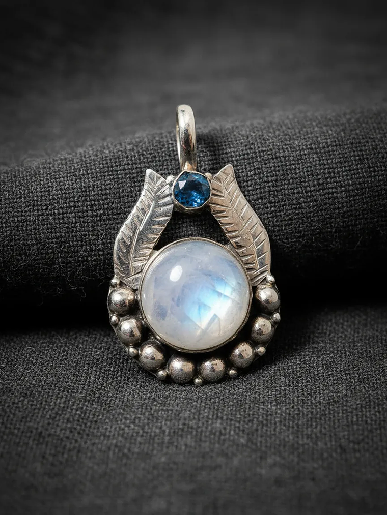 COLGANTE PIEDRA LUNA ARCOIRIS Y APATITA AZUL NEON PLATA 925 4