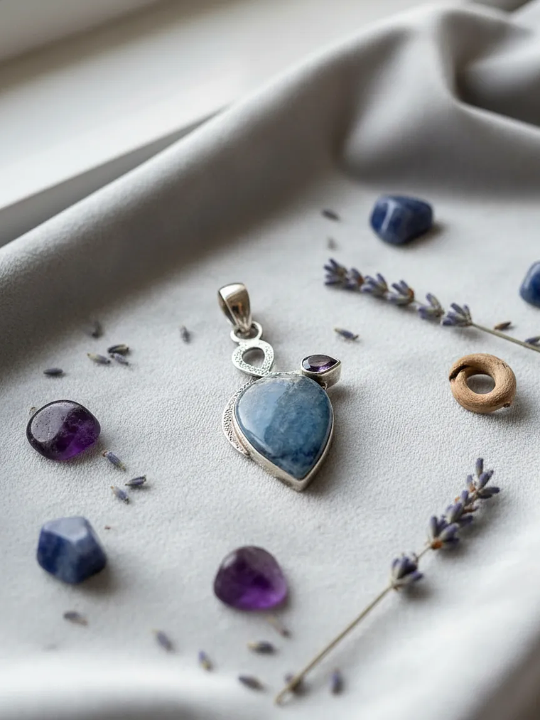 COLGANTE DE SCHEELITA AZUL DE TURQUIA Y AMATISTA DE AFRICA PLATA 925 5