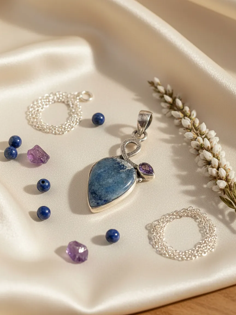 COLGANTE DE SCHEELITA AZUL DE TURQUIA Y AMATISTA DE AFRICA PLATA 925 6