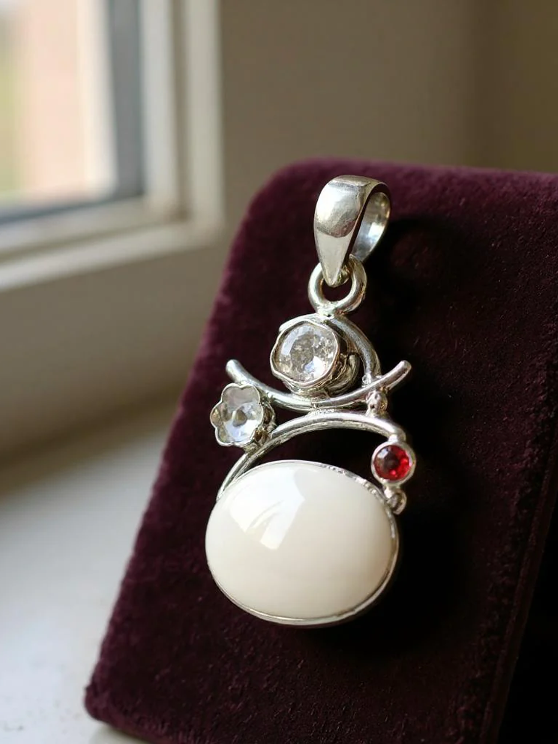 COLGANTE OPALO BLANCO, DIAMANTE HERKIMER Y GRANATE PLATA 925 4