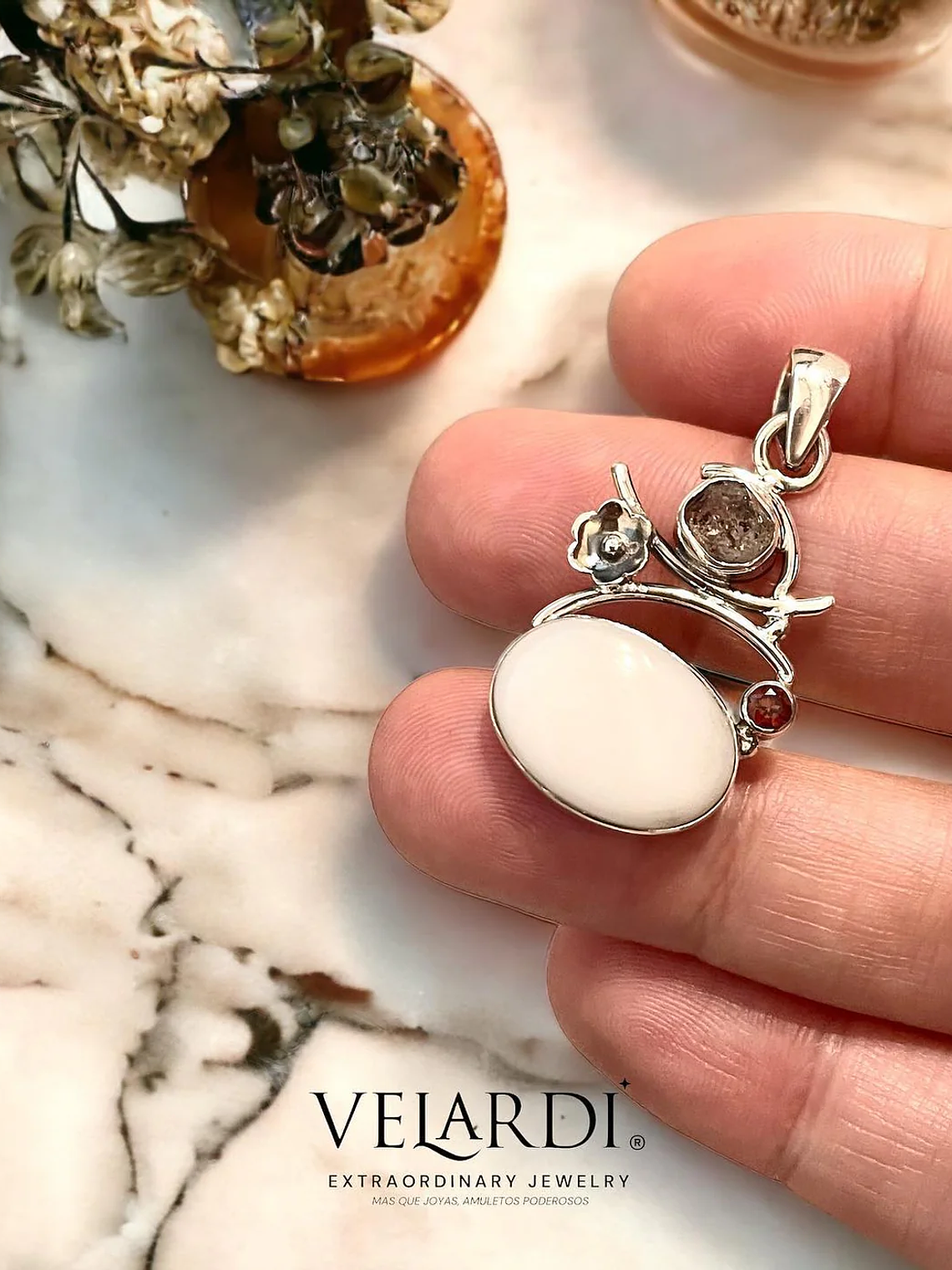 COLGANTE OPALO BLANCO, DIAMANTE HERKIMER Y GRANATE PLATA 925 6