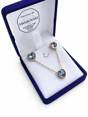 CONJUNTO AROS Y COLLAR  CRISTAL CORAZON LILA