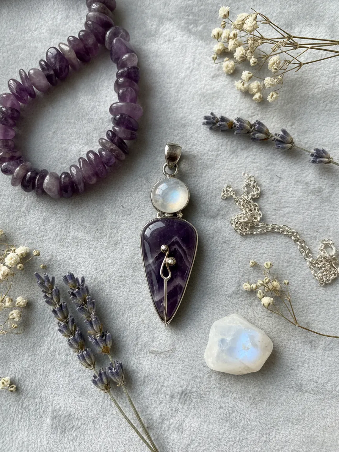 COLGANTE AMATISTA CHEVRON Y PIEDRA LUNA PLATA 925 1