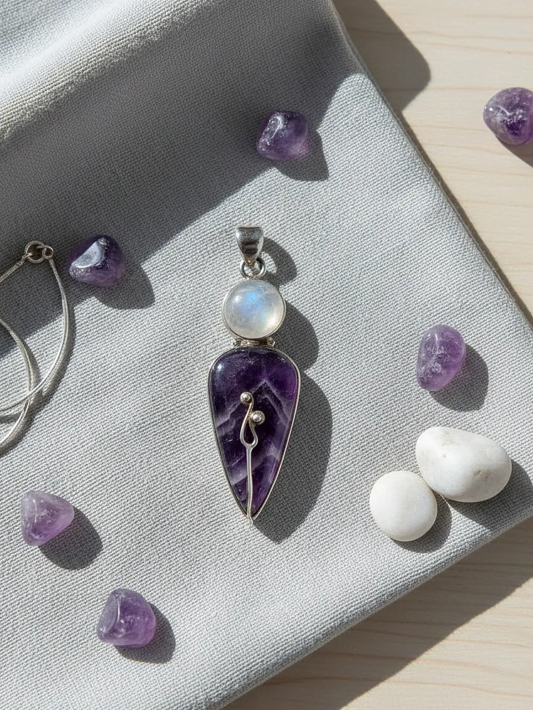 COLGANTE AMATISTA CHEVRON Y PIEDRA LUNA PLATA 925 3