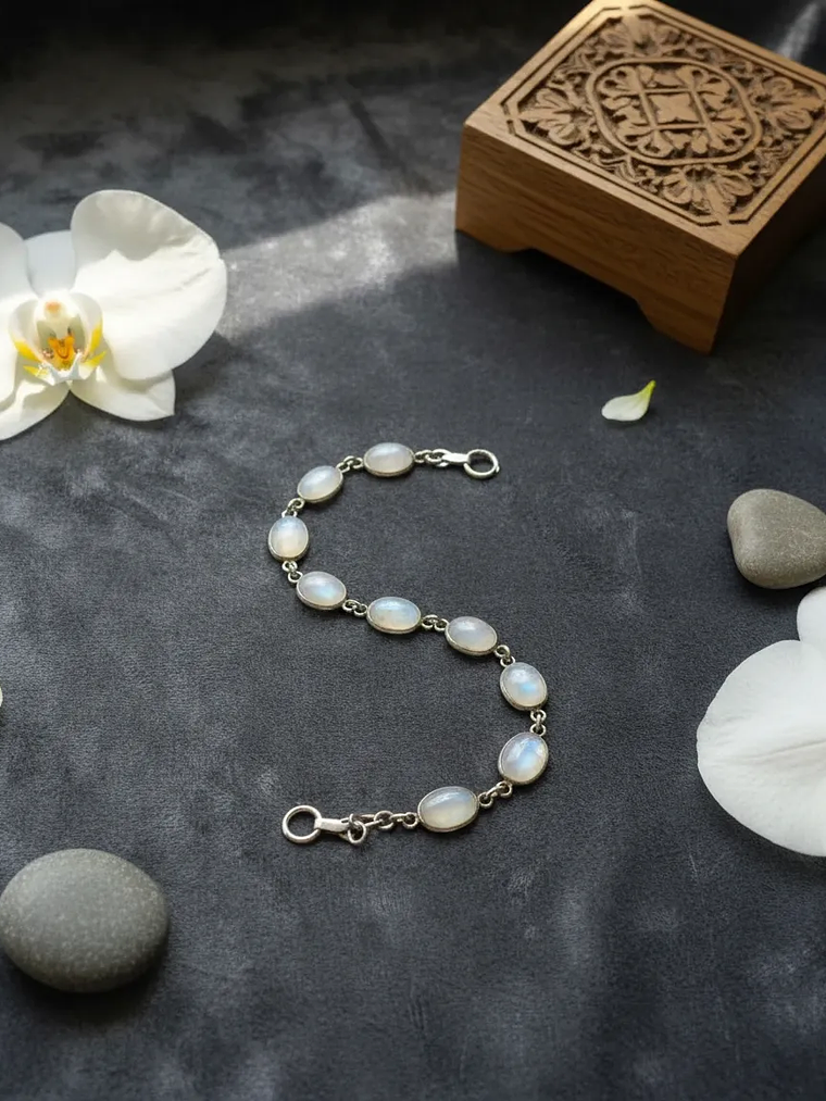 Pulsera Piedra luna arcoiris de la India Plata 925 7