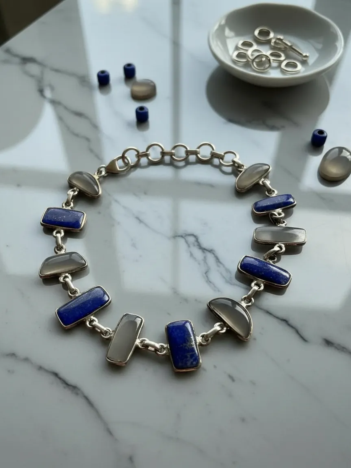 Pulsera lapislazuli de afganistan y Piedra Luna arcoiris de la india Plata 925 2