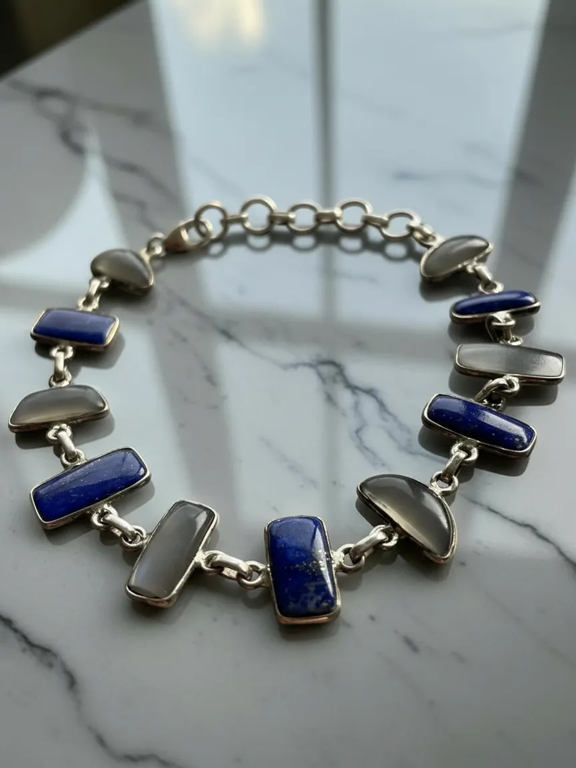 Pulsera lapislazuli de afganistan y Piedra Luna arcoiris de la india Plata 925 3