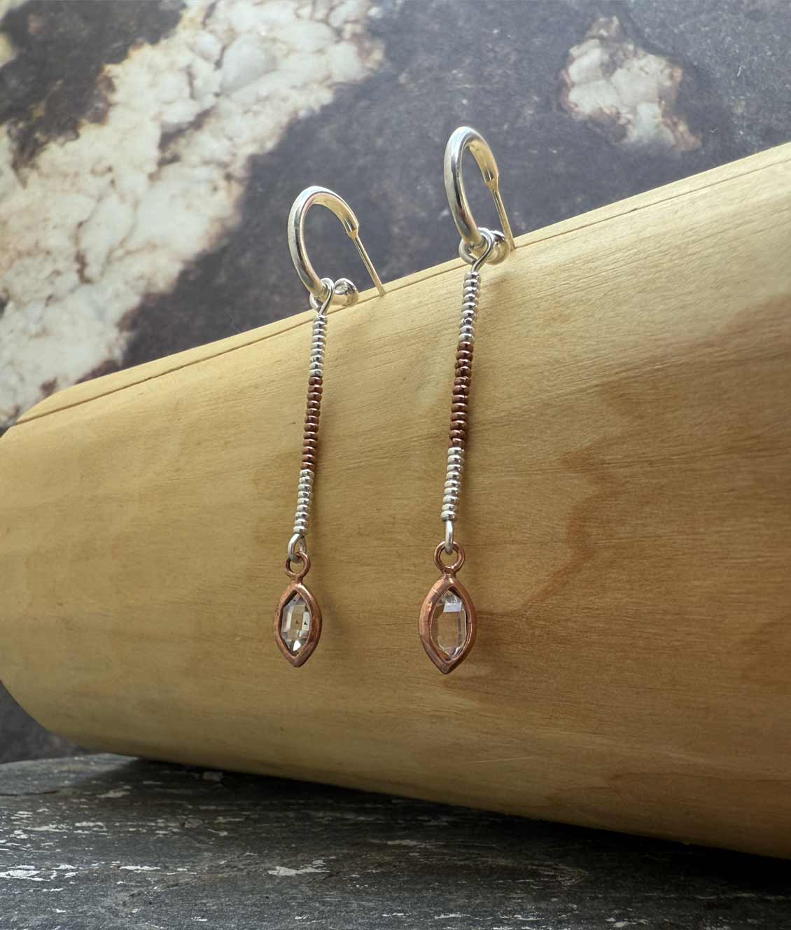 Aros Argolla de Plata 950 y Ojiva de Cobre con Cuarzo Diamante o Herkimer y 3cm Mostacillas Plata 1000 y Cobre 1