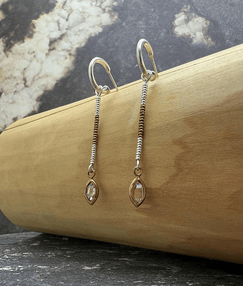 Aros Argolla de Plata 950 y Ojiva de Cobre con Cuarzo Diamante o Herkimer y 3cm Mostacillas Plata 1000 y Cobre