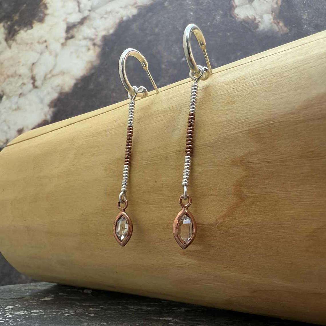 Aros Argolla de Plata 950 y Ojiva de Cobre con Cuarzo Diamante o Herkimer y 3cm Mostacillas Plata 1000 y Cobre 1