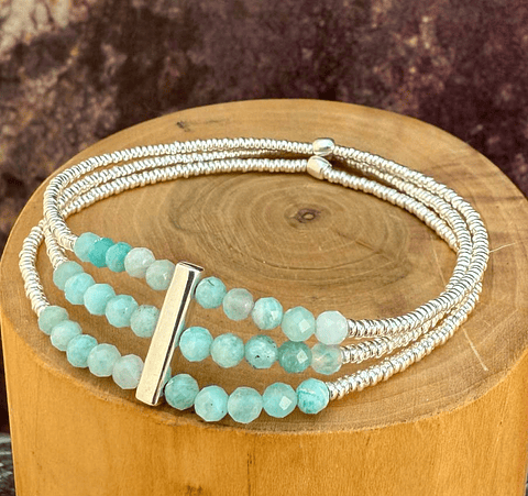 Pulsera Elástica de 3 Hileras con Mostacillas de Plata 1000 y Piedras