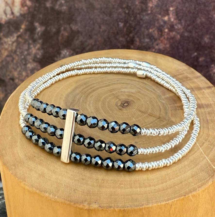 Pulsera elástica de 3 corridas de mostacillas de plata 1000 y piedras 3
