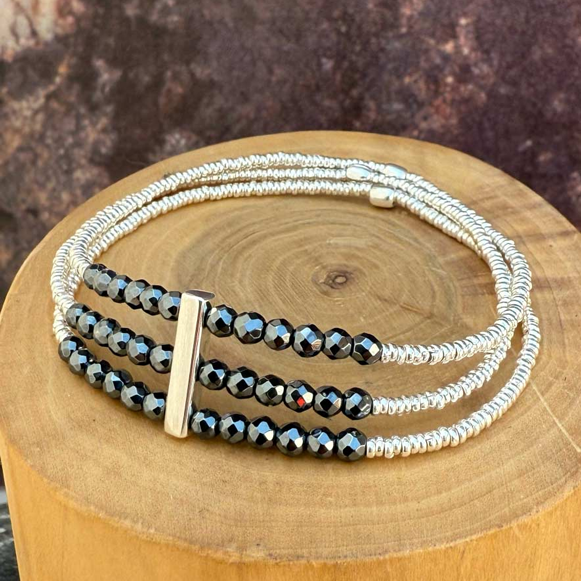 Pulsera Elástica de 3 Hileras con Mostacillas de Plata 1000 y Piedras 3