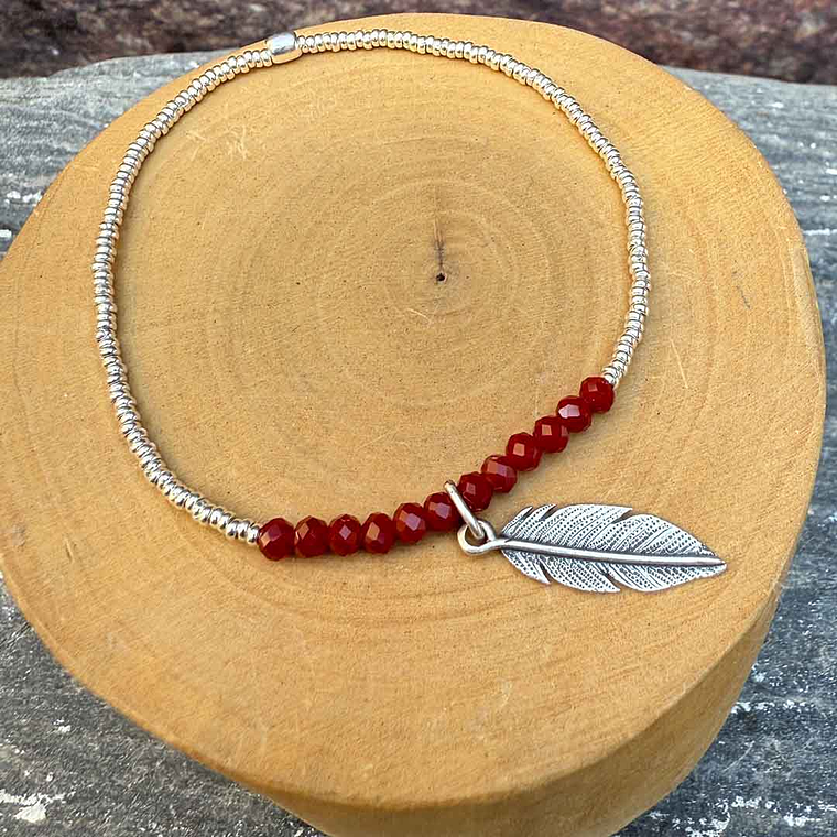 Pulsera elástica Pluma de plata 950 y mostacillas de plata1000 y Piedras  1