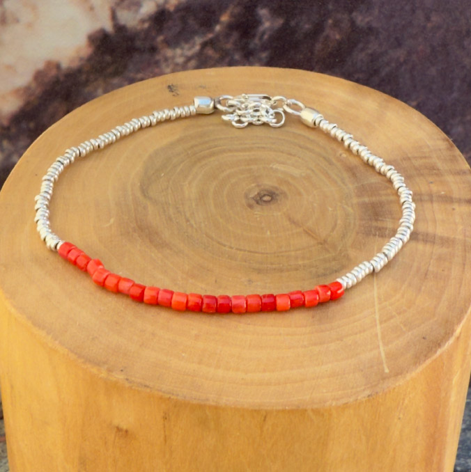 Pulsera con Broche Ajustable, Mostacillas de Plata 1000 y Piedras 1