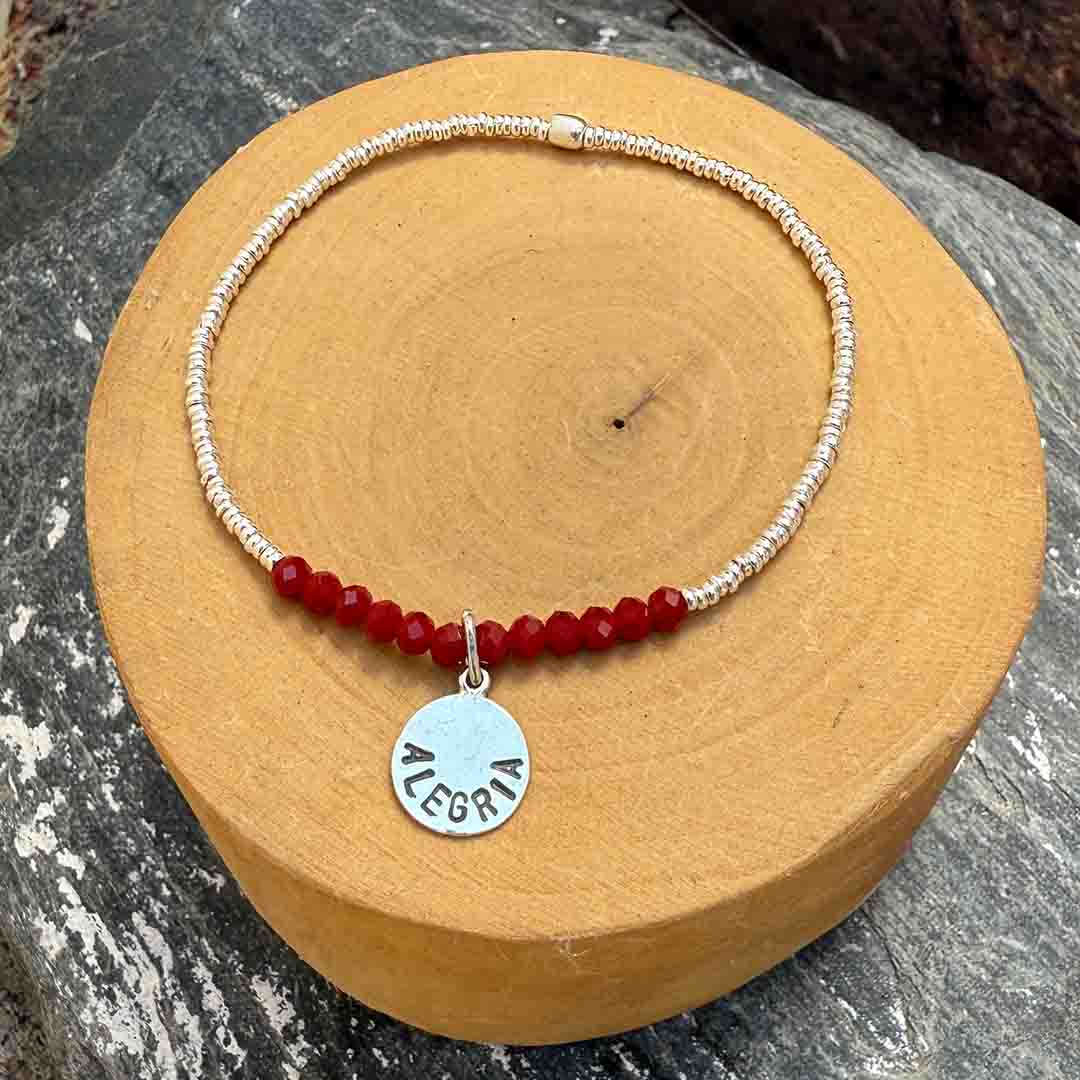 Pulsera elástica medalla Alegría de lata 950 y mostacillas de plata 1000 y piedras 1
