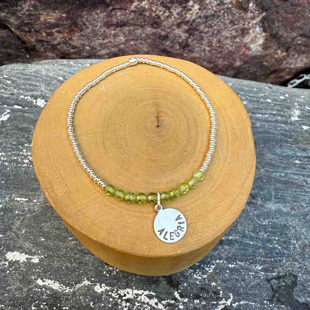 Pulsera elástica medalla Alegría de lata 950 y mostacillas de plata 1000 y piedras 3