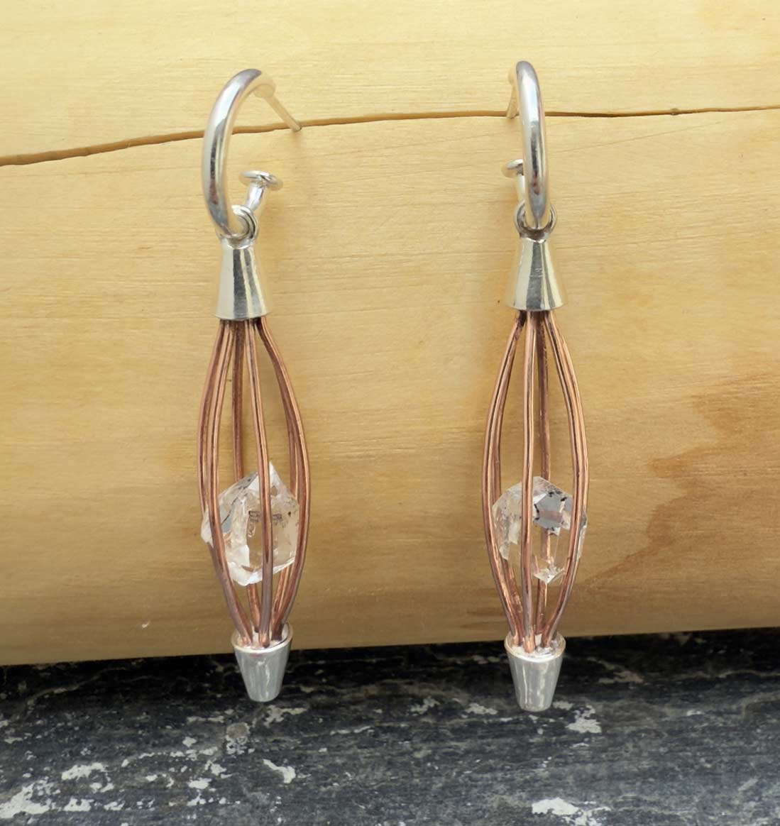 Aros Jaulita de Cobre y Plata 950 con Cuarzo Diamante o Herkimer 1