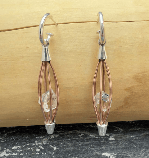 Aros Jaulita de Cobre y Plata 950 con Cuarzo Diamante o Herkimer