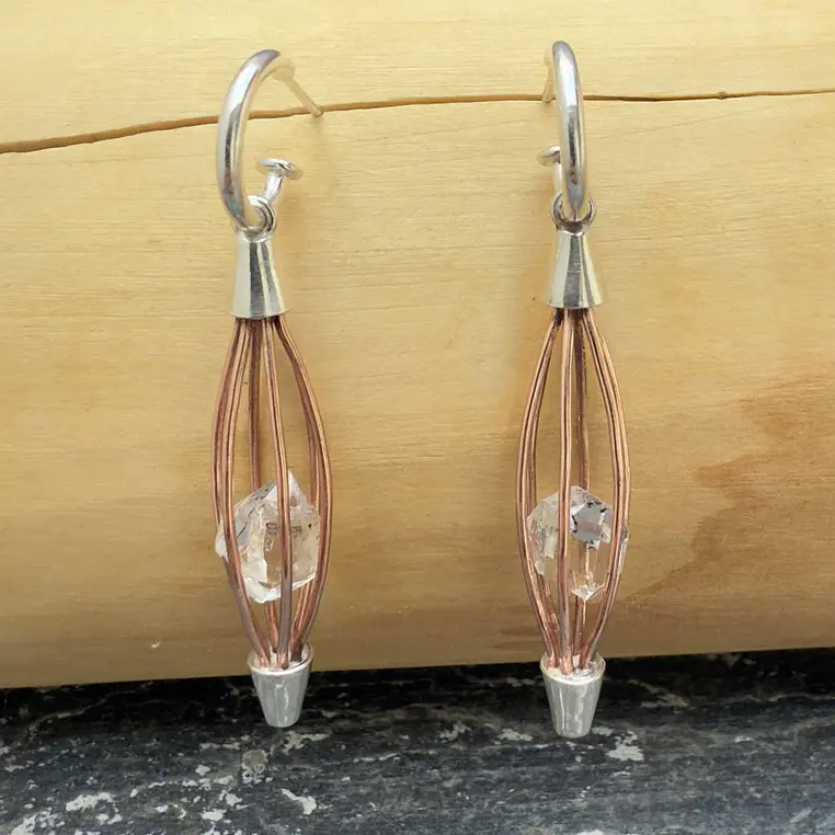 Aros con Cuarzo Diamante  Herkimer, Jaulita de Cobre y Plata 950  1