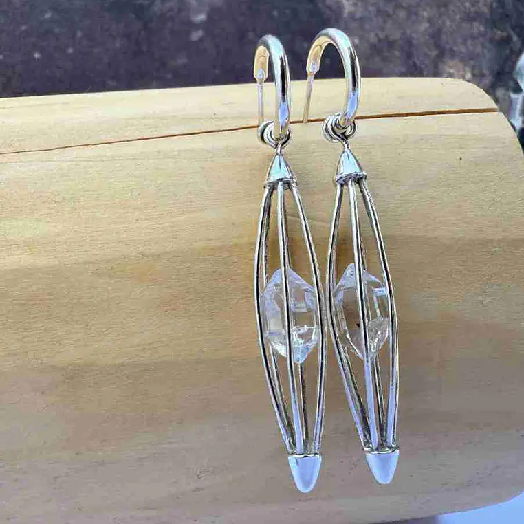Aros  con Cuarzo Diamante Herkimer y Jaulita de Plata 950  1
