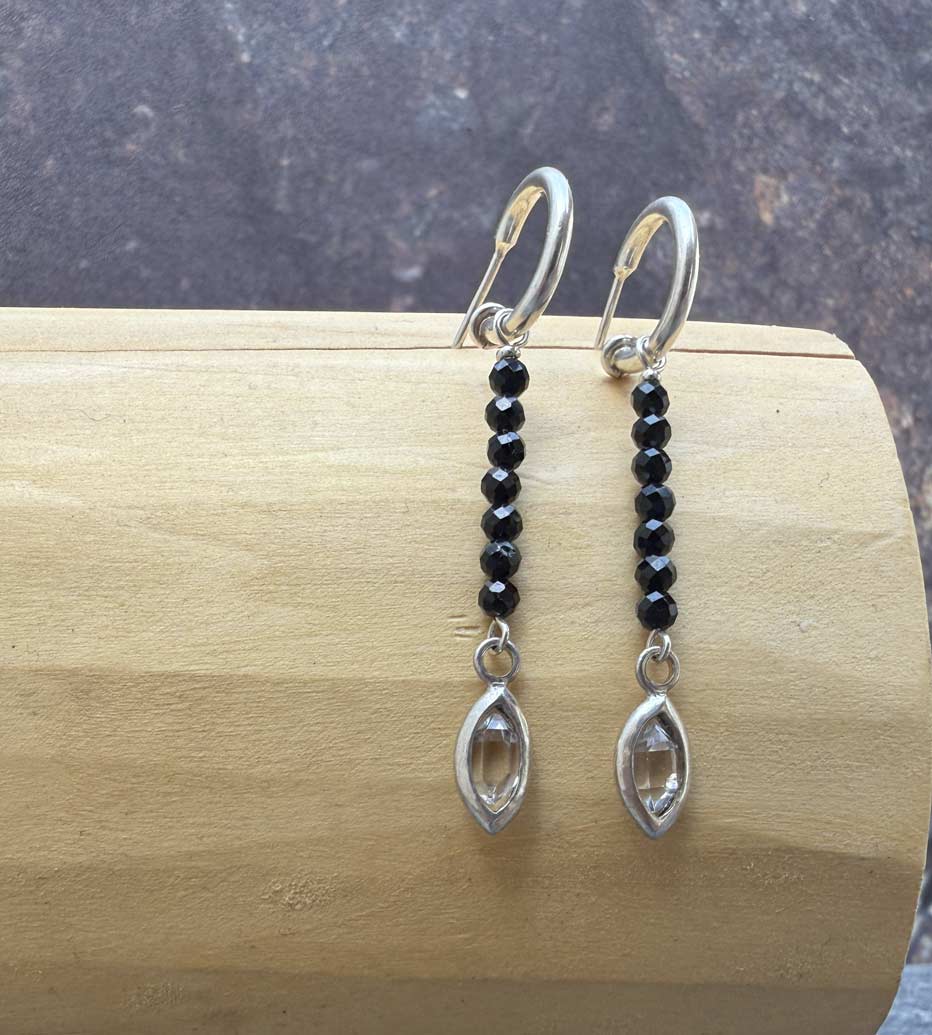Aros Argolla y Ojiva Plata 950 y Cuarzo Diamante o Herkimer 2cm Mostacillas de Turmalina Negra 1