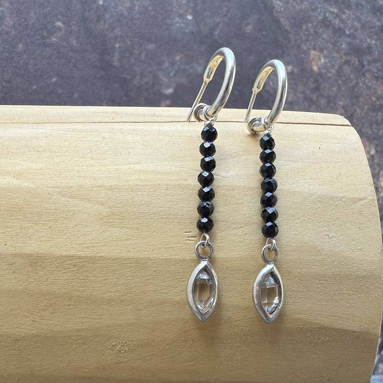 Aros Argolla y Ojiva Plata 950 y Cuarzo Diamante o Herkimer 2cm Mostacillas de Turmalina Negra 1