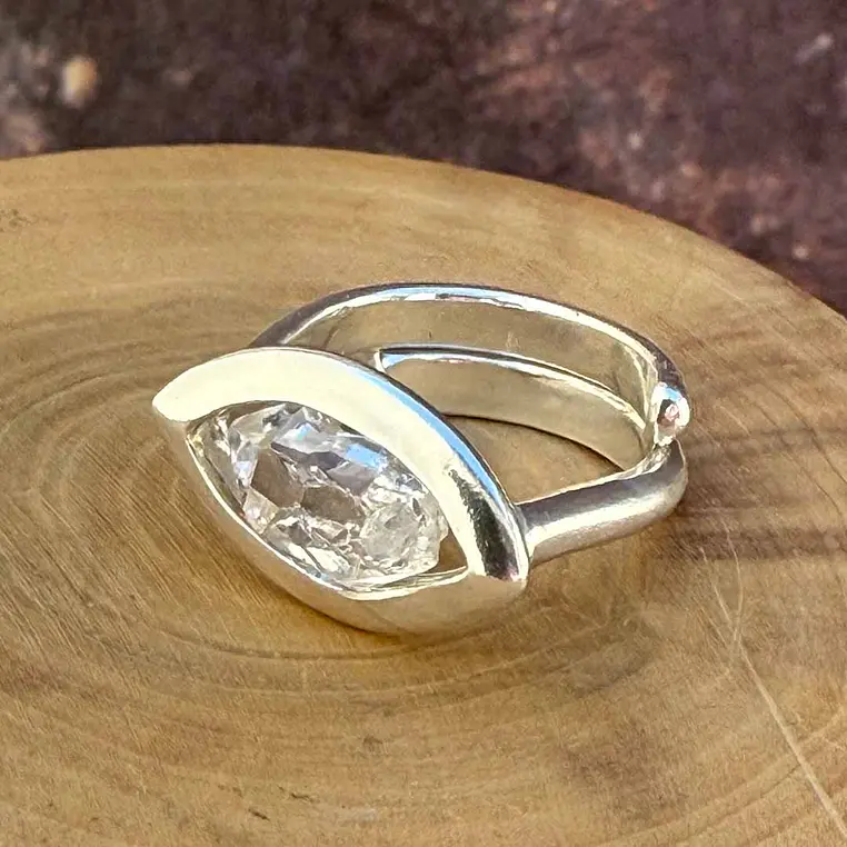 Anillo Ajustable de Plata 950 con Cuarzo Diamante  Herkimer 1