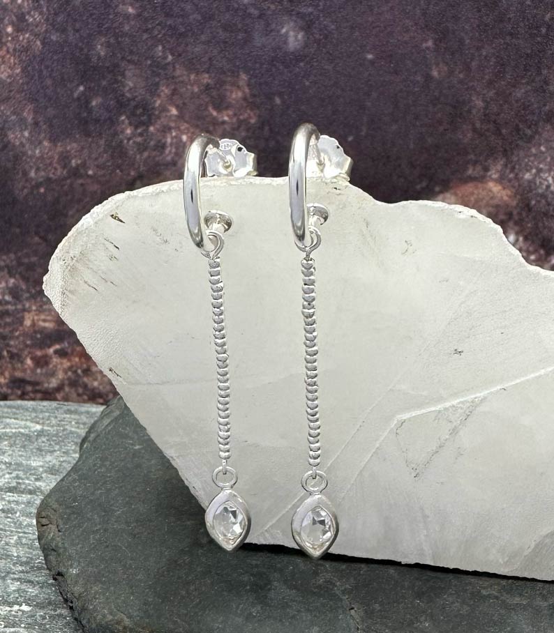 Aros Argolla de 3 cm y Ojiva de Plata 950 y Cuarzo Diamante Herkimer y Mostacillas de Plata 1000 2