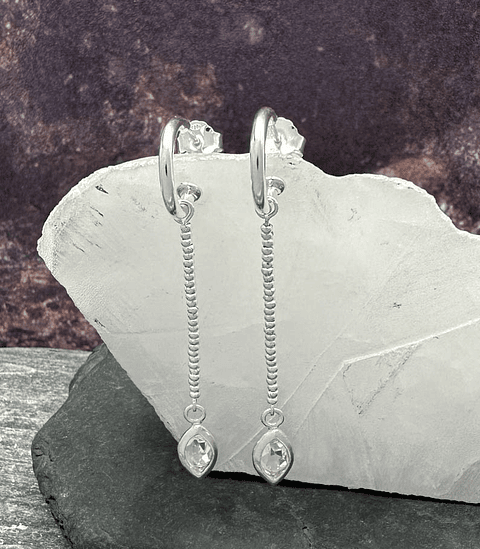 Aros Argolla de 3 cm y Ojiva de Plata 950 y Cuarzo Diamante Herkimer y Mostacillas de Plata 1000