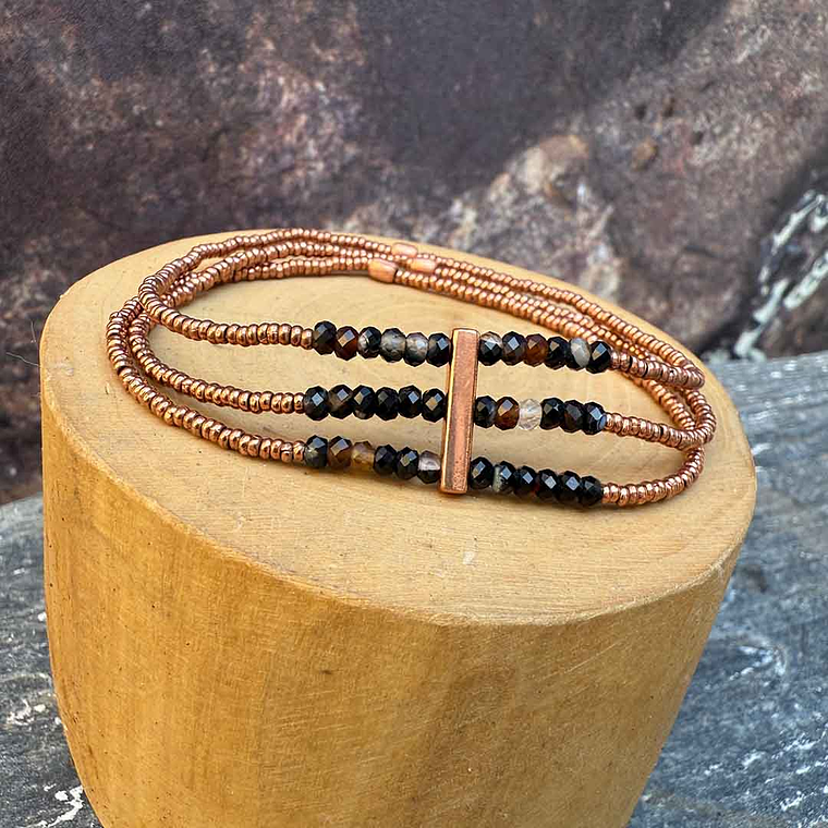 Pulsera Elástica 3 Hileras Mostacillas Cobre y Onix 1