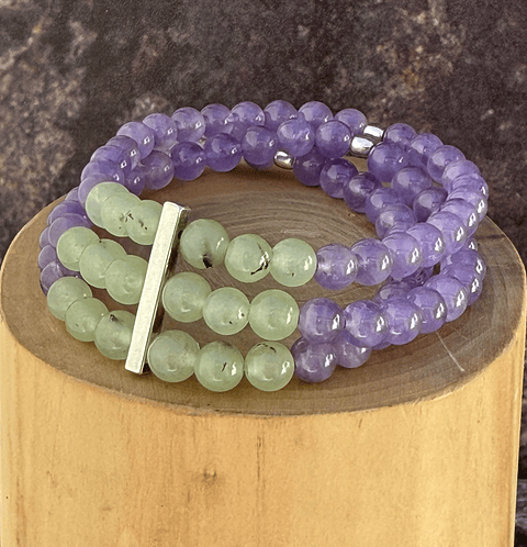 Pulsera Elástica de 3 Hileras de Piedras de 6mm Prehnita y Amatista