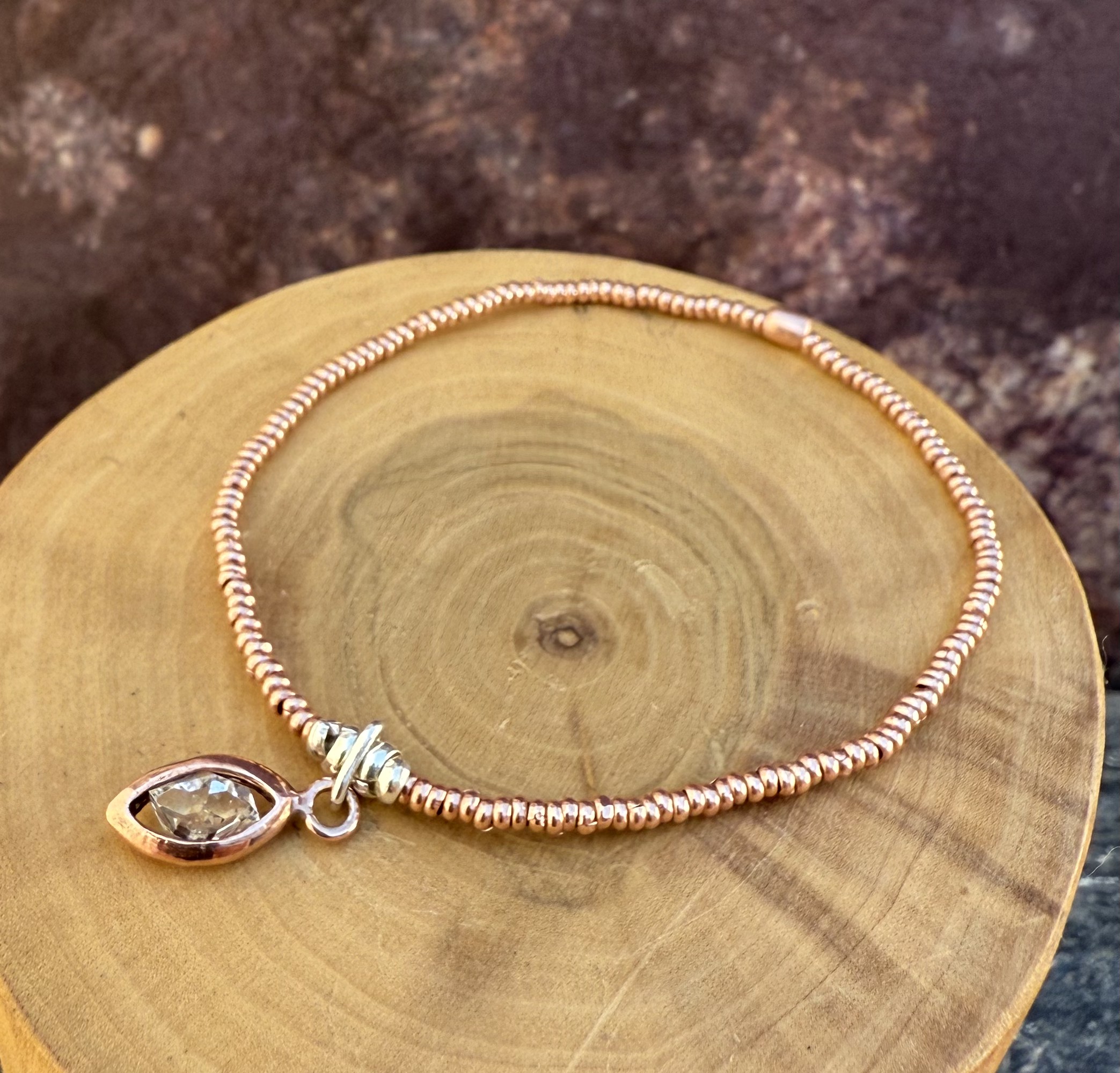 Pulsera elástica de mostacillas de Cobre, plata 1000 y Herkimer o cuarzo diamante 1