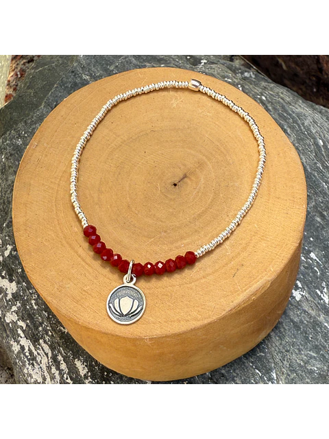 Pulsera elástica con Flor de Loto plata 950,  mostacillas de plata 1000 y piedras 