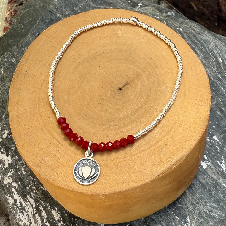 Pulsera elástica con Flor de Loto plata 950,  mostacillas de plata 1000 y piedras  2