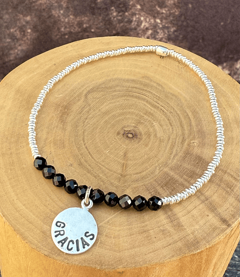 Pulsera Elástica Gracias Plata 950 con Mostacillas de Plata 1000 y Turmalina Negra