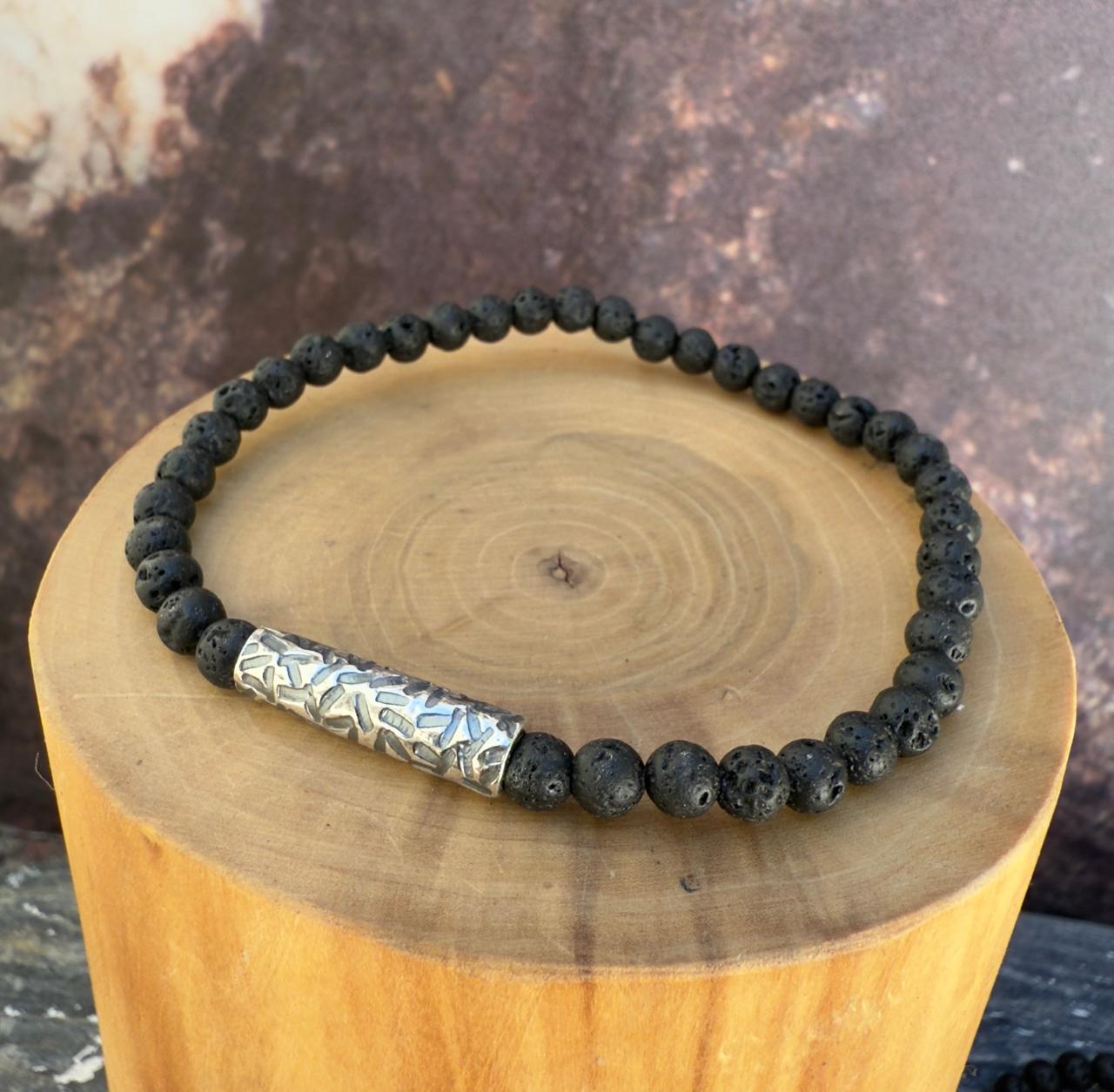 V Pulsera elástica Tubo Delgado de Plata 950 con Líneas y de Piedra Volcánica de 4mm 1