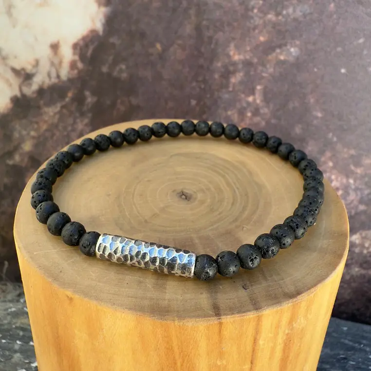 V Pulsera elástica Tubo Delgado de Plata 950 Martillado y Piedra Volcánica de 4mm 1