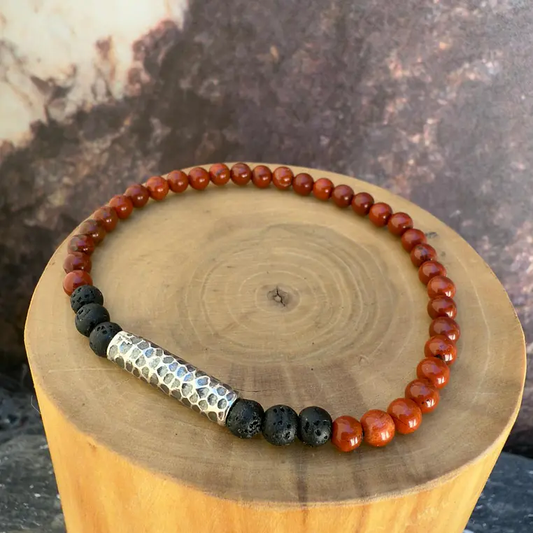V Pulsera elástica Tubo Delgado de Plata 950 Martillado y  Piedra Volcánica y Jaspe Rojo de 4mm 1