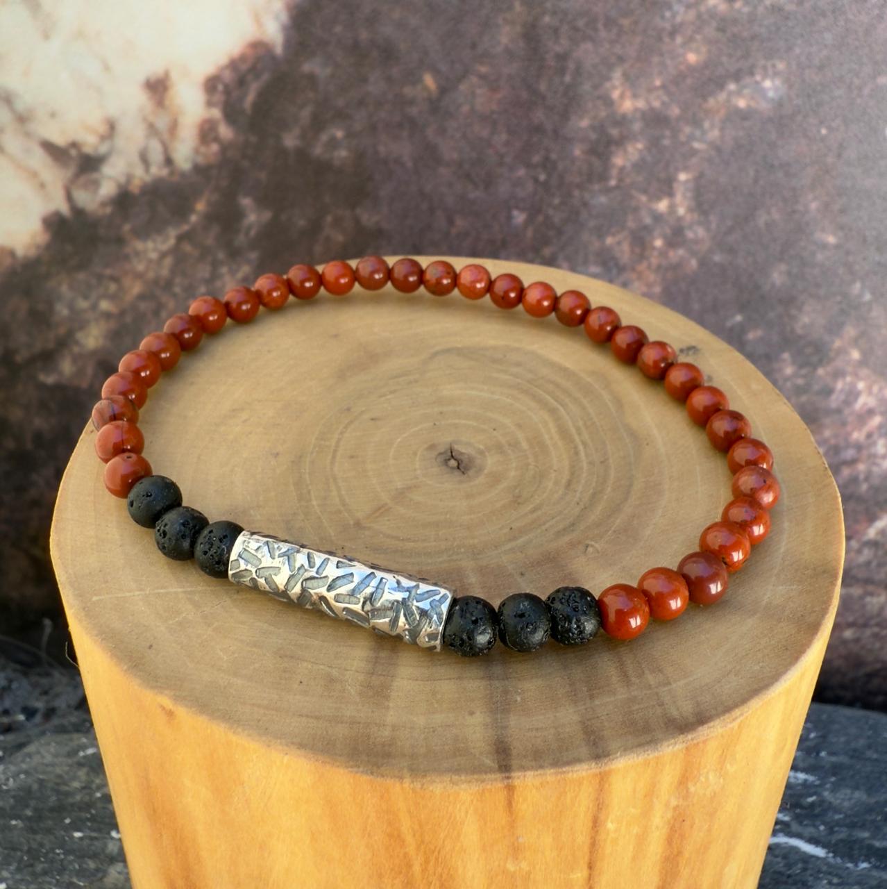 V Pulsera elástica Tubo Delgado de plata 950 con líneas  y Piedra Volcánica y Jaspe Rojo de 4mm 1