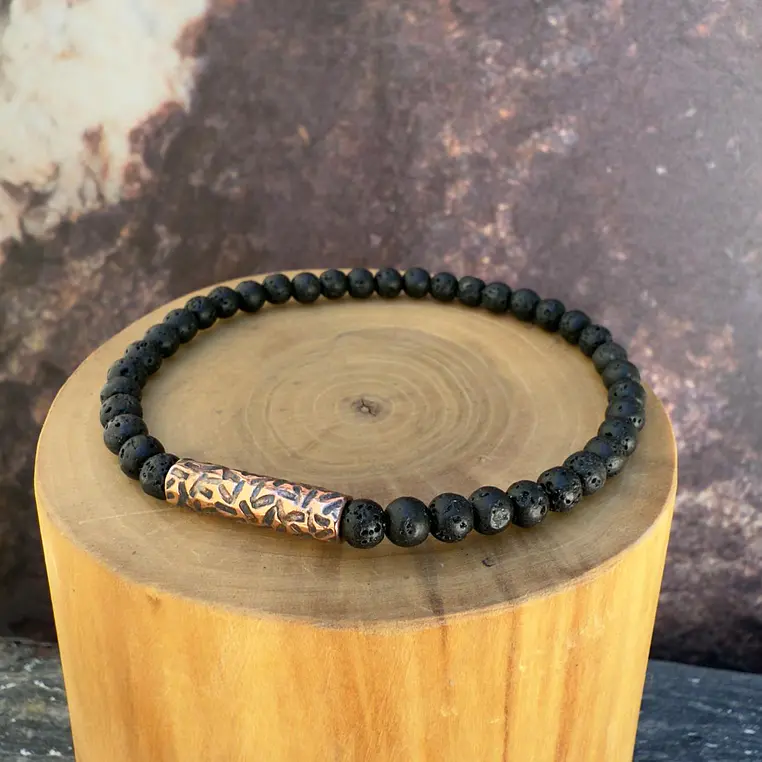 V Pulsera elástica con Tubo de Cobre con líneas y mostacillas de  Piedra Volcánica de 4mm 1
