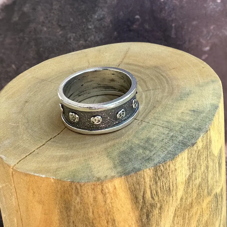 V Anillo con Bordes y Circulos de Plata 950 1