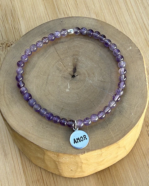 Pulsera elástica medalla Amor de plata 950 y mostacillas de piedras 