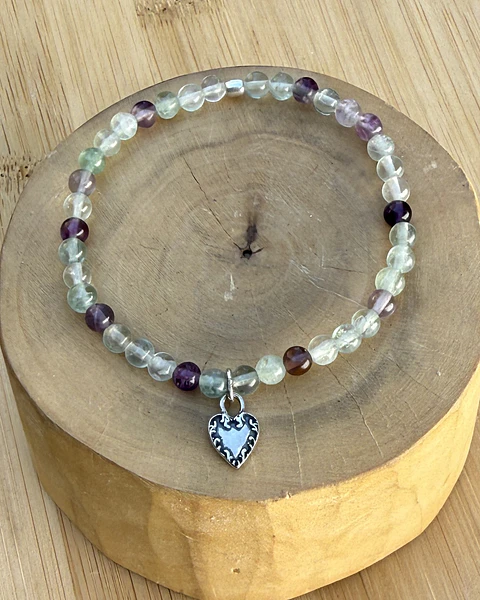 Pulsera Elástica Medalla Corazón Candado Plata 950 con Mostacillas de Piedras 
