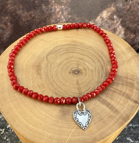 Pulsera Elástica Medalla Corazón Candado Plata 950 con Mostacillas de Piedras 